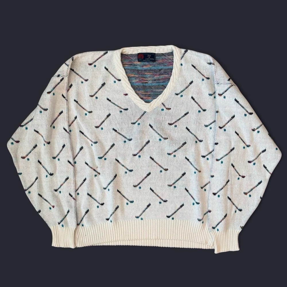 Vintage Isle of Cotton AOP Golf Knit Sweatshirt Made In USA Men's Large 90s VTG